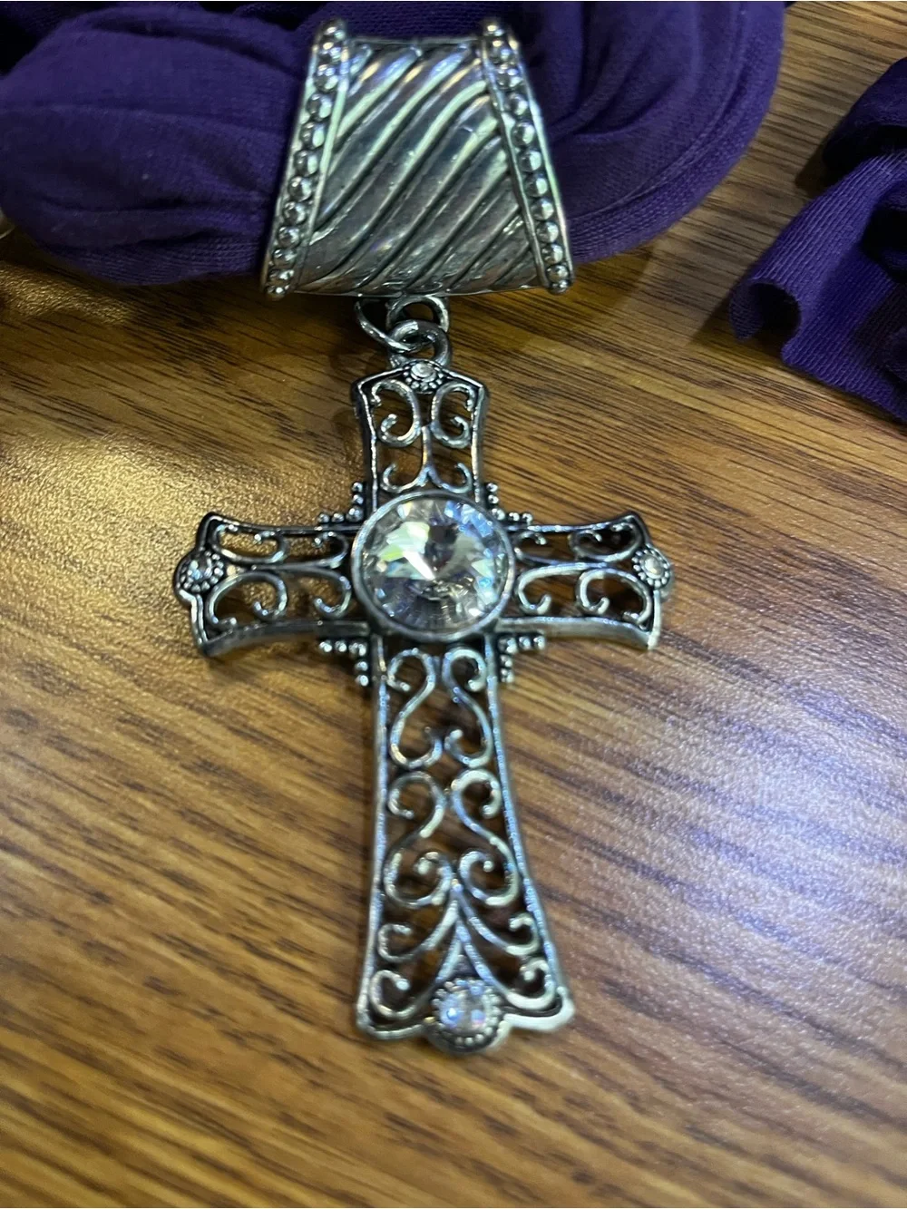 Purple Scarf Necklace with Decorative Cross Pendant